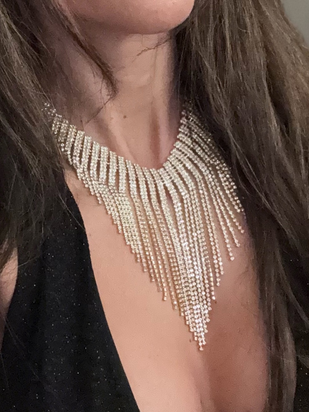 Rhinestone Fringe Statement Necklace - Gold Tone